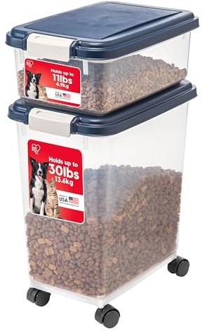 IRIS USA Dog Food Storage Container 30 lb + 11 lb, Stackable Combo Set, Airtight Pet Food Storage Bins with Wheels for Dog Cat Bird Chicken Food, BPA Free, Made in USA, Navy