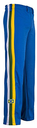 JL Sport Pantalones Auténticos Brasileños Capoeira Artes Marciales Hombres (Azul con Los Colores Nacionales En Brasil Verticales Bein Rayas) - XS