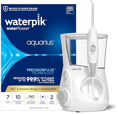 Waterpik Aquarius Water Flosser For Teeth Cleaning, Gums, Braces, Dental Care, Electric Power With 10 Settings, 7 Tips For Multiple Users And Needs, ADA Accepted, White WP-660, Packaging May Vary