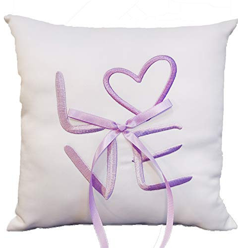 Ringkissen Weiß Lila für die Hochzeit, Kissen für Trauringe, mit Stickerei und Schleife in Flieder Lila, 19,5 x 19,5 cm