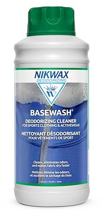 Nikwax BaseWash, 1000 ml, Deodorizing Cleaner for Base Layers, Socks, & Activewear, Eliminates Odors & Improves Performance