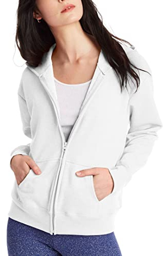 Hanes Women's, EcoSmart Fleece Full Hoodie, Zip-up Hooded Sweatshirt Warm Up or Track Jacket, White, XX-Large