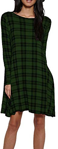 Womens Ladies Party Dresses for Women UK Long Sleeve Midi Plain Flared A line Skater Swing Dress Jersey Tee Plus Size Dress Summer Winter Bottle Green Tartan 16-18