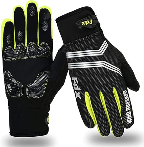 FDX Full Finger Winter Cycling Gloves - Warm Windproof, Mountain Bike Gloves Anti-Slip Padded Palm, Touchscreen, Breathable, Water Resistant MTB Racing and Running Mitts for Men Women (Yellow, L)