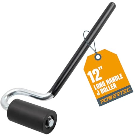 POWERTEC Rodillo en J de mango largo de 12 pulgadas, 1-1/2 pulgadas de diámetro, 3 pulgadas de ancho, herramienta de rodillo de goma laminado y chapa para bandas de bordes, revestimientos de pared, 1