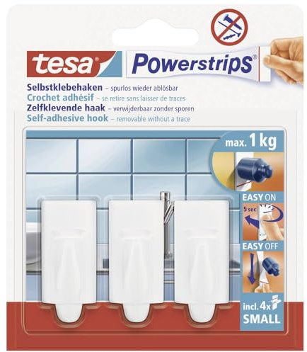 tesa Powerstrips Haken Small TREND - Selbstklebender Wandhaken für Glas, Kacheln, Holz, Kunststoff und andere Untergründe - Weiß