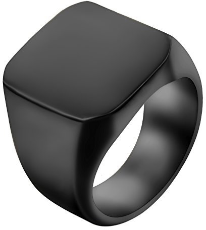 JewelryWe Schmuck Biker Edelstahl Herren-Ring, Glänzend Poliert Siegelring Quadrat Band Ring, Schwarz Größe 65 - mit Geschenk Tüte