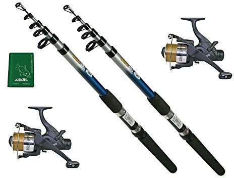 Karpfen Zander Hecht Angelset 2 x Angelrute 2,40 m Teleskoprute + 2 x Freilaufrollen inkl. Schnur