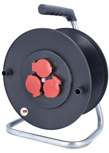 as - Schwabe Kunststoffkabeltrommel Leertrommel Ø285 mm für ca. 40 m Kabel, 3 Einbausteckdosen mit Klappdeckel 230V/16A, Thermoschutzschalter, IP44, Schwarz, 10120