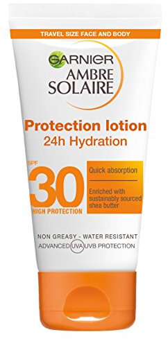 Garnier Ambre Solaire Ultra-Hydrating Shea Butter Sun Protection Cream SPF30, Hydrating High Sun Protection Lotion SPF30 Handy Handbag Format 50 ml Travel Size