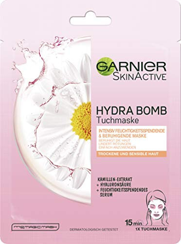 Máscara facial hidratante con extracto de manzanilla Garnier SkinActive Hydra Bomb para una piel sin enrojecimiento, pack de 5 (5 x 32g)