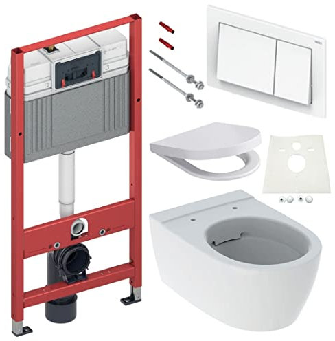 TECE Vorwandelement mit ICON Wand WC, Spülrandlos mit LotusClean Beschichtung, Absenkautomatik, Drückerplatte, WC Deckel