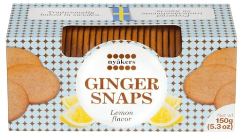 Nyakers Ginger Snaps Cookies, Lemon Flavored, Authentic Swedish Gingerbread, Blend of Ginger, Clove, Cinnamon, and Citrusy Lemon, Vegan, Snack and Treat Gift Box, 150g (5.3 Oz)