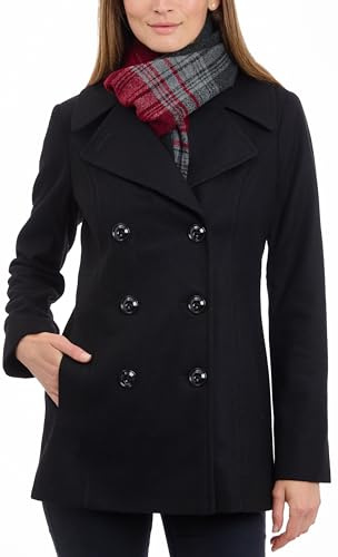 London Fog Women's Double Breasted Peacoat with Scarf Caban Jacket, Black, XL