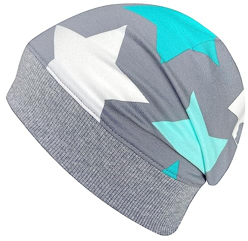 Ullkyckling ekologiskt lätt flicka/pojkar, beanie-mössa, manschetter, elastisk övergångstid/sommar, barnmössa, bomull (ekologiskt tyg, ekologisk), Stora stjärnor grå/mint, 52-54