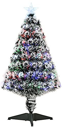 HOMCOM 3ft Artificial Prelit Christmas Tree, Snow Xmas Tree with Colourful LED Lighting Fiber Optics, Green White