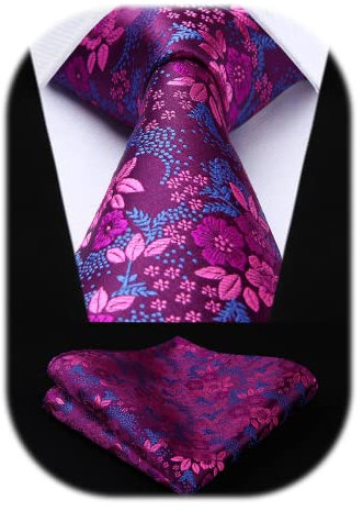 HISDERN Corbata Hombre Fucsia Extra Larga de Flores Corbatas y Pañuelo de Bolsillo para Boda La Fiesta Formales