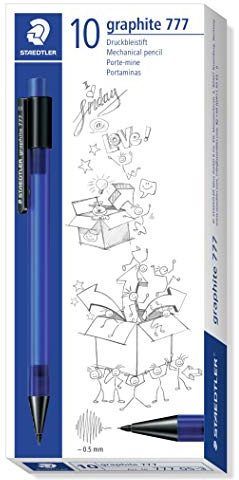 STAEDTLER 777 05-3 stiftpenna grafit fylld med B-påfyllningar, påfyllningsdiameter 0,5 mm, skaftfärg: blå, 10 stycken i en kartongfodral