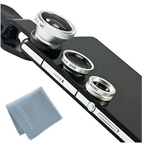 Elfenstall 3 in 1 Clip-On Kamera Adapter Optische Weitwinkelobjektiv FishEye Fischauge Objektiv Linse & Micro Objektiv Linsen - Fischaugenobjektiv + Weitwinkel + Mikroobjektiv für ihr Smartphone Handy oder Tablet - Universal Clip für Apple Iphone 4 / 4S / 4G / 5 / 5G / Apple I phone 6 / 6 plus/ I Phone 7 - Samsung Galaxy Tab 3 10.1 (Wi-Fi) GT P5210 Samsung Galaxy Note PRO SM-P900 - Samsung Glaxy NOTE 2 1 3 N7100 I9300 S4 S3 S5 I9600 - Ipod 5s Samsung Galaxy s3 i9300 s2 in der Farbe silber