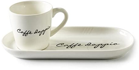 Riviera Maison Tasse und Untertasse Set, Porzellan Kaffeetasse mit Text, Kaffeebecher, Kaffeeset - 1 Stück - Caffè Doppio - Wollweiß - (LxBxH) 25.5x11x8-195ML