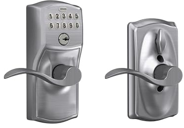 Schlage Camelot Keypad Lock with Lever Handle, Electronic Keyless Door Entry, Flex Lock Auto‑Lock Option, Satin Chrome, FE595 CAM 626 ACC