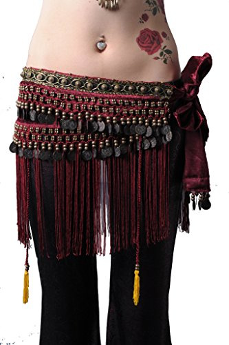 ZLTdream Women's Belly Dance Tribal Hip Scarf with Fringe Coins Flannel Dark Red, One Size