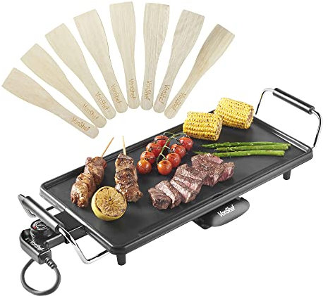 VonShef Large Teppanyaki Grill - 2000W Electric, Multipurpose, Easy Clean BBQ Table Top Grill with Adjustable Temperature Control, Oil Drip Tray & 8 Spatulas- for Meat, Vegetables & Fish - 46x26x10cm