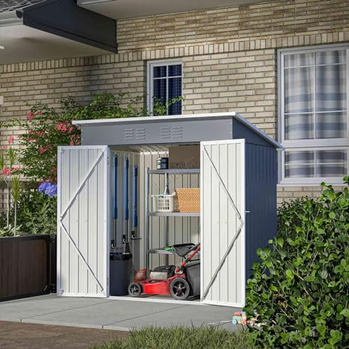 BIRCHTREE Garden Shed Metal Pent Roof 4FT X 6FT Outdoor Storage With Free Foundation Grey and White