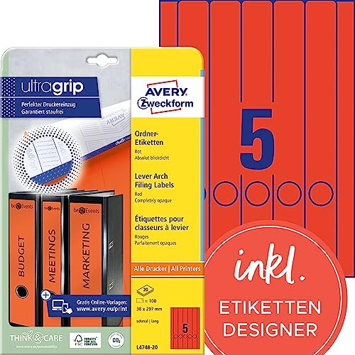 AVERY Zweckform L4748-20 Ordnerrücken Etiketten (100 Rückenschilder mit ultragrip, 38x297mm auf A4, schmal/lang, selbstklebend, absolut blickdicht, bedruckbare Ordneretiketten) 20 Blatt, rot