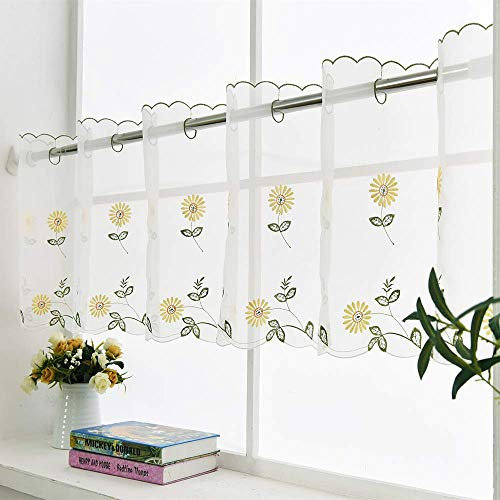 Floral Cafe Curtain Valance for Windows - Sheer Curtain Window Valance with Embroidered Flower, Half Window Curtains for Kitchen Cafe Dinning Living Room, 45cm x 180cm / 17 x 70