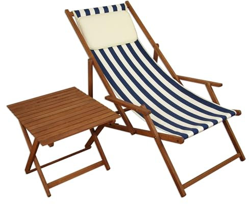Erst-Holz Liegestuhl blau-weiß Strandstuhl klappbar Tisch Kissen Buche Gartenliege Sonnenliege 10-317TKH