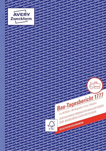 AVERY Zweckform 1777 Bau-Tagesbericht, (A4, selbstdurchschreibend, gem. baubehördlichen Richtlinien, für Deutschland und Österreich zum Nachweis ausgeführter Arbeiten) 3x40 Blatt weiß/gelb/rosa