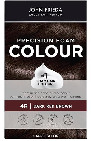 John Frieda Precision Foam Colour, Dark Red Brown 4R, Full-Coverage Hair Color Kit, Anti-Fade Gray Coverage, Deep Color Saturation Hair Dye, 1 Application