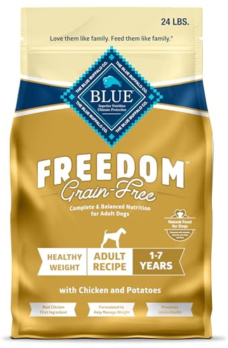Blue Buffalo Freedom Grain-Free Healthy Weight Dry Dog Food, Complete & Balanced Nutrition for Adult Dogs, Made in the USA with Natural Ingredients, Chicken & Potatoes, 24-lb Bag