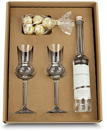 Römer Präsente Geschenkset Grappa Variationen: 9-teilig; 1 edler Grappa (100 ml) + 2 Grappa Gläser + 5 Grappatrüffel + Geschenkbox. Festes und Flüssiges für Grappa-Liebhaber!