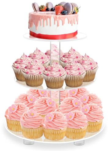 YestBuy 3 Tier Round Cupcake Stand with Base, Acrylic Cake Stand, Cupcake Tower Stand, Premium Cupcake Holder for 23 Cupcakes, Display for Pastry Wedding Birthday Party (4 Between 2 Layers)