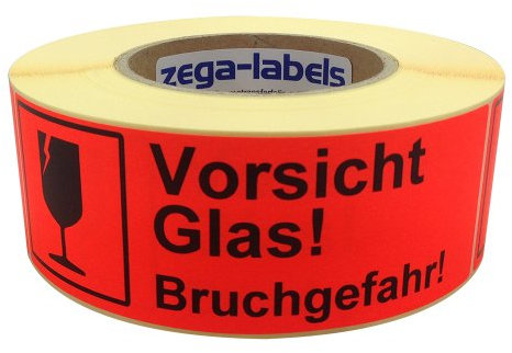 zega-labels Warnetiketten - Vorsicht Glas! Bruchgefahr! - 500 Stück je Rolle - 150 x 50 mm - Versandaufkleber Papier Leuchtrot stark haftend