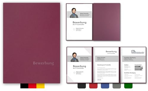 5 Stück 3-teilige Bewerbungsmappen BL-exclusivdruck® OPTIMA-plus in Granatrot - Premium-Qualität mit edler Relief-Prägung 'Bewerbung' - Produkt-Design von 'Mario Lemani'