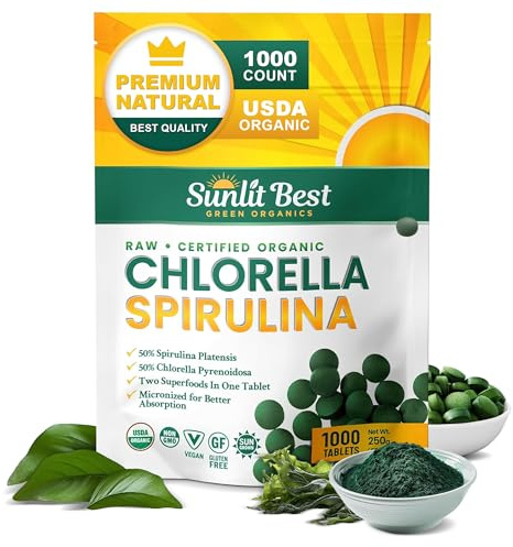 Sunlit Best Chlorella Spirulina Tablets - Organic USDA, Premium Spirulina and Chlorella Tablets 1000 Count - Sun Chlorella Pure Natural Superfood with Algae, Enzymes Chlorophyll & Vegan Protein