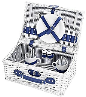 Pärchen Picknickkorb, blau-weiß, gestreift | Picknick Set für 2 Personen | 16 Teile