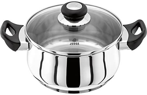 Judge Vista Stainless Steel Medium Casserole Pot with Twin Handles 20cm, 2.4L, Shatterproof Vented Glass Lid, Induction Ready, Oven Safe