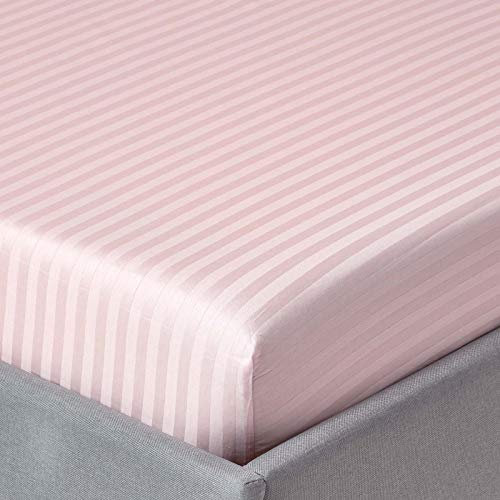 HOMESCAPES Damast Spannbettlaken 140x190 cm rosa mit Satin-Streifen, 100% ägyptische Baumwolle, Betttuch mit Gummizug, Fadendichte 330