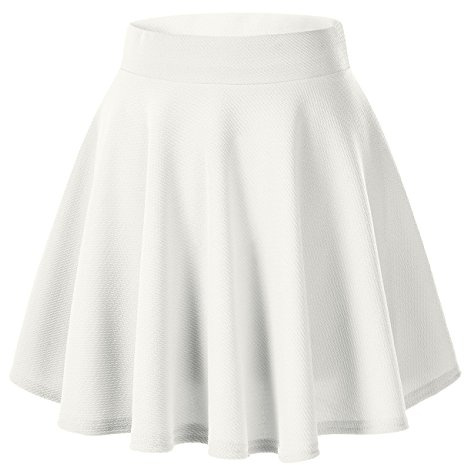 Urban GoCo Femmes R¨¦tro Jupe Basique Pliss¨¦e Patineuse Fille Elastique Court Midi Jupe (M, Blanc)