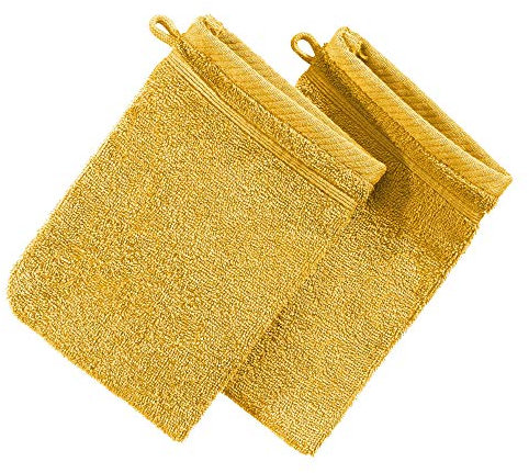 Erwin Müller Waschhandschuh Heidelberg 2er- Pack, 100% Baumwolle gelb Größe 15x21 cm - weiche Qualität, saugstark und strapazierfähig - praktisch durch Schlaufe (weitere Farben)