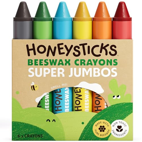 Honeysticks Super Jumbo Pastelli di cera (pacco da 6) - 100% cera d'api, colori alimentari, non tossici, per bambini 1-3 anni, infrangibili, extra-large, facili da tenere e usare, eco-compatibili