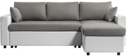 LOUNGITUDE - Divano ad angolo reversibile, convertibile in similpelle e microfibra con baule - Grigio/Bianco - 3 posti