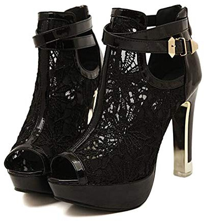 getmorebeauty Women's Pretty Lace Flowers Open Toes High Heels Ankle Boots (US 8, Black)