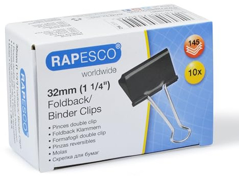 Rapesco FBC320B1 32 mm Foldback Clips, Black, Pack of 10