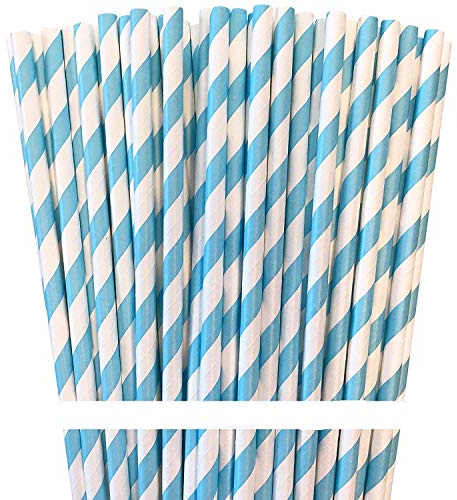 Shuiniba Biodegradable Striped Paper Straws,Paper Drinking Straws for Party, Events and Crafts,Baby Shower Decorations 7.75 Inches,100 Packs - Light Blue White - Striped