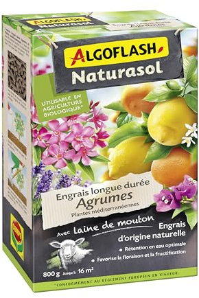ALGOFLASH AGRUBIO800 NATURASOL Engrais agrumes et Plantes Méditerranéennes longue durée, Jusqu'à 16m², 800 g, Vert